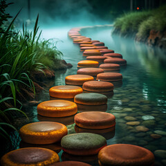 Round Stepping Stones in a Straight Line Over Calm Water in foggy Nature