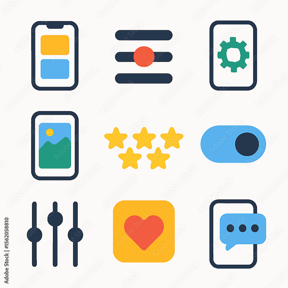 Poster colorful interface icons representing app settings and features in a simple design