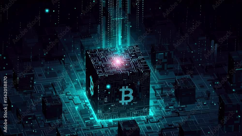 Poster futuristic glowing cube with bitcoin symbols surrounded by digital elements and circuits in a dark v