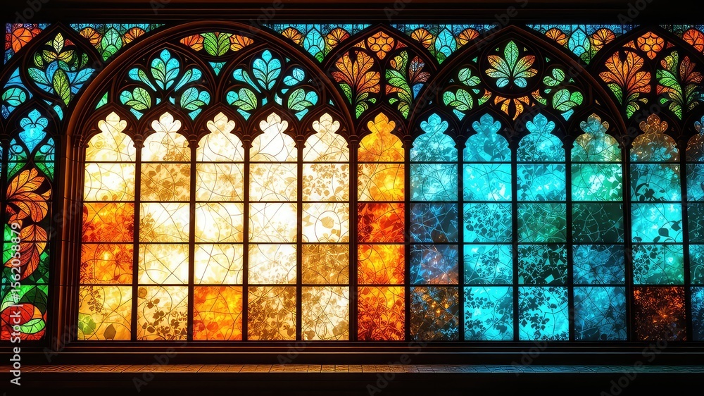 Poster colorful floral patterned windows in a repeating arched pattern creates a striking architectural int