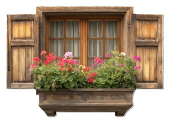 Fototapeta premium Picturesque wooden window adorned with vibrant flowers and traditional rustic shutters design