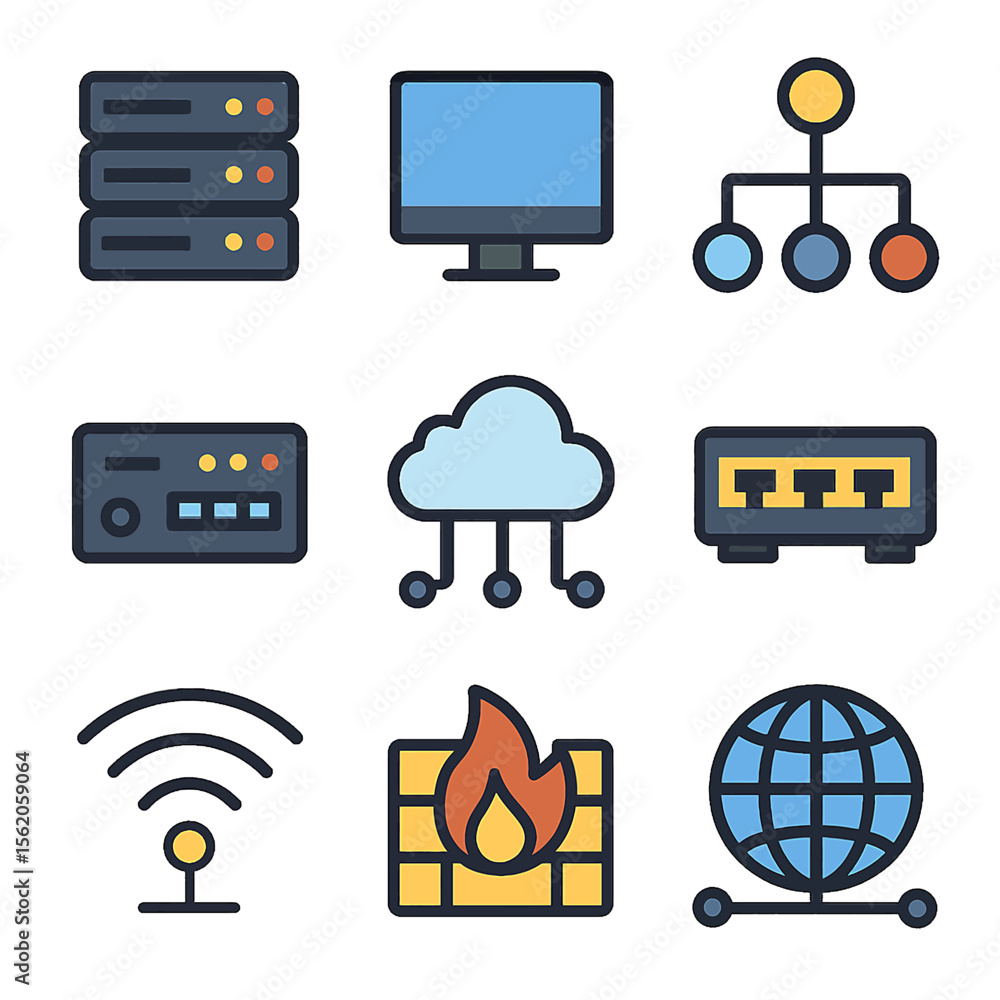 Poster colorful network infrastructure icons representing server cloud router and firewall
