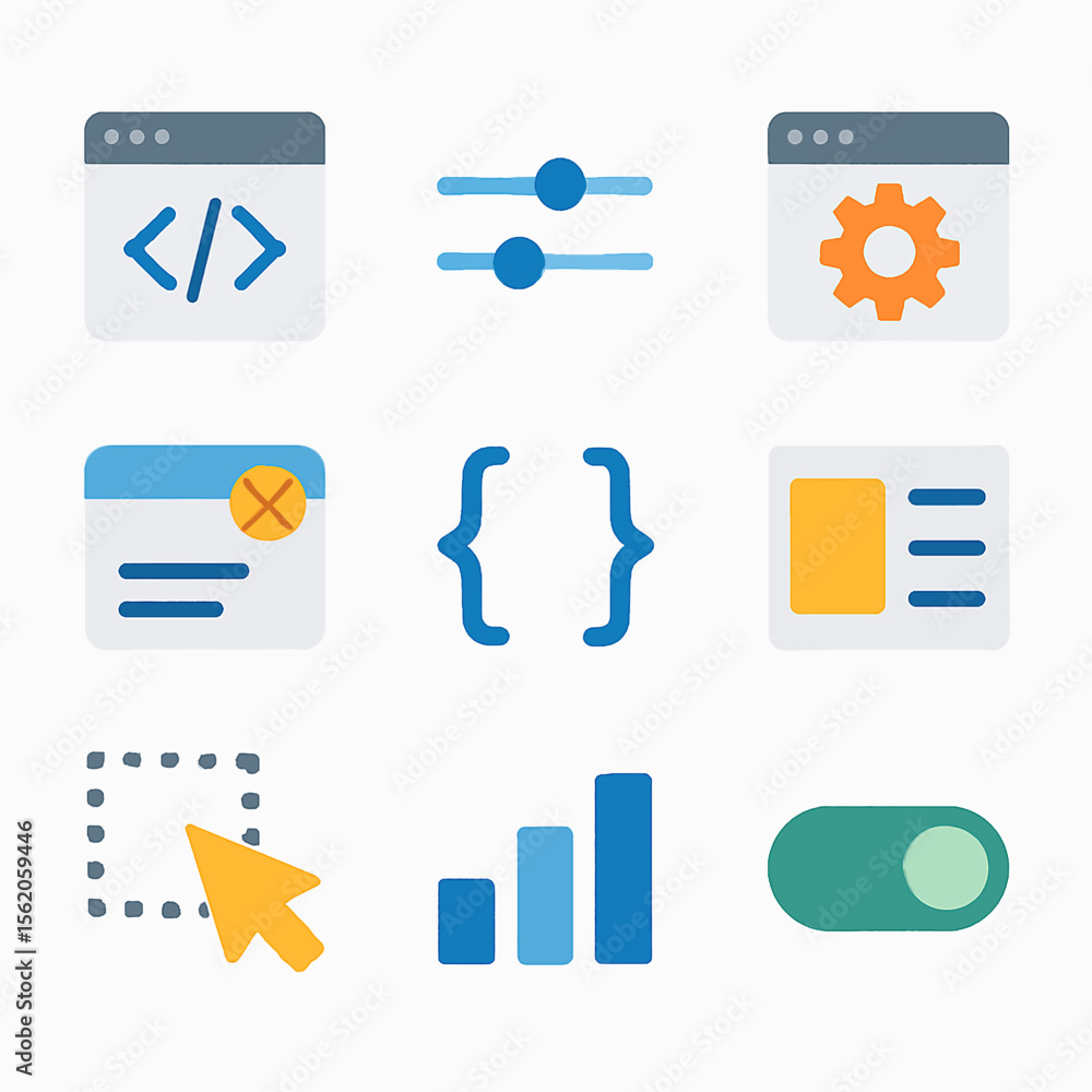 Poster Colorful programming icons set featuring code, settings, and user interface elements