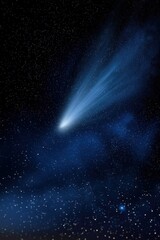 Bright comet streaks through starry night sky with glowing tail and cosmic dust trail