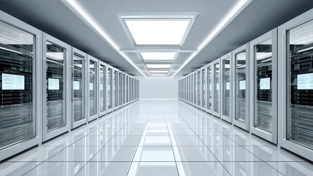 Clean white server room showing rows of high tech computers and black rack servers, secure data center interior, digital storage system in action