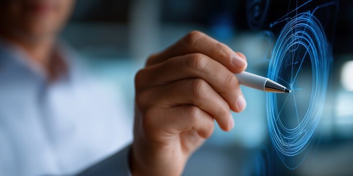 Male engineer designing futuristic technology interface with pen and digital display