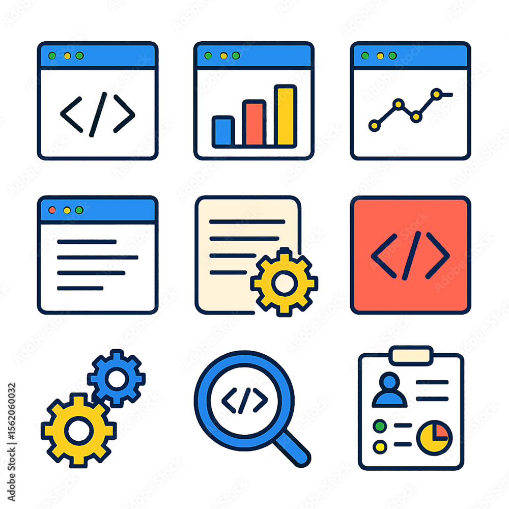 Poster colorful vector icons depicting coding, data analytics, and project management tools