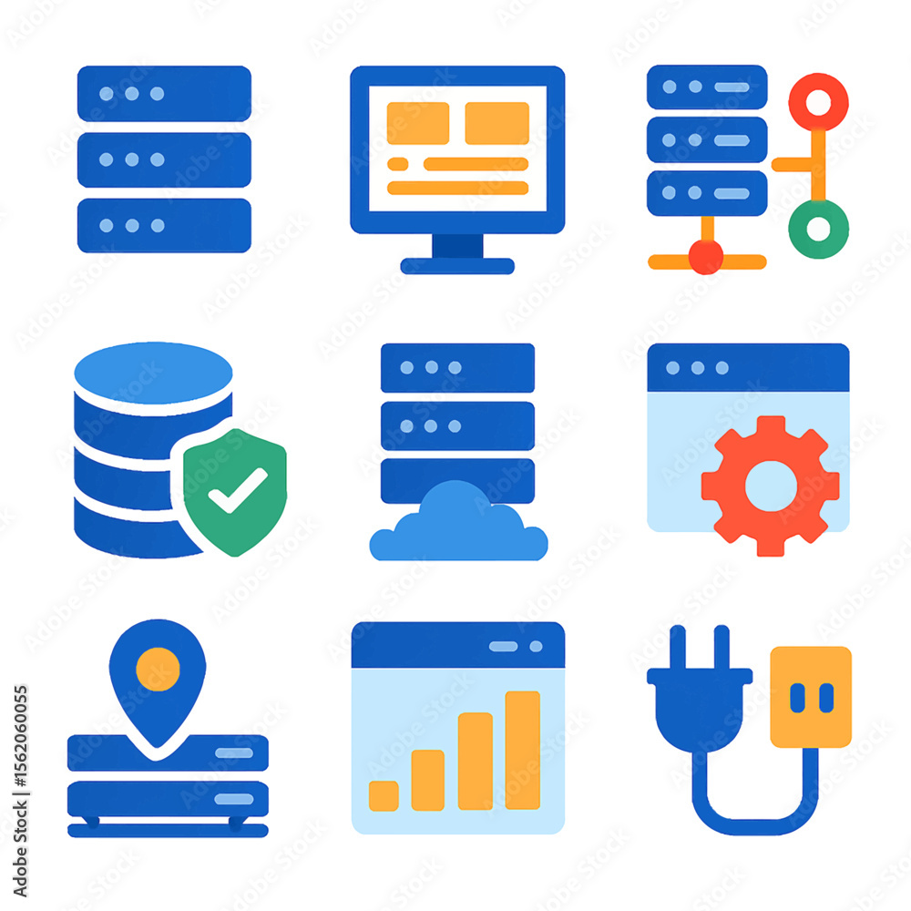 Poster colorful vector icon set illustrating cloud computing and server infrastructure