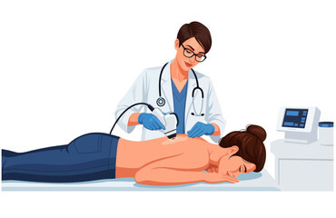 Illustration of a healthcare professional applying dermatological analysis digital equipment to the back of a patient lying on a treatment table, as part of a clinical treatment. Medical Ultrasound Th