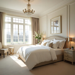 A bright bedroom features a large window, a comfortable bed, and elegant decor
