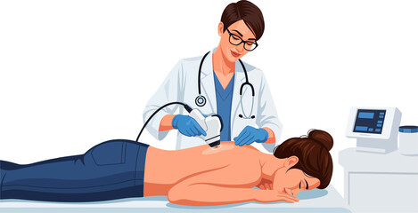 Illustration of a healthcare professional applying dermatological analysis digital equipment to the back of a patient lying on a treatment table, as part of a clinical treatment. Medical Ultrasound Th