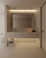 Contemporary bathroom interior featuring mirrors, big sinks, and a bathtub, with wooden accents. Pet friendly hotel room. Minimalist design concept. 3D Rendering