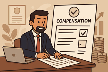 Businessman signing compensation claim form for financial reimbursement. Concept of employee benefits, corporate policy, insurance payout, and salary. Approved document vector.