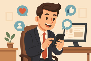 Cartoon businessman at office desk using smartphone for social media marketing. Happy manager networking online, checking notifications like, love, comment. Digital engagement concept.