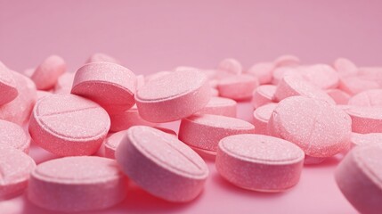 Close-up of a pile of pink pills with a score mark on top, set against a light pink background. Focus on medication and health.