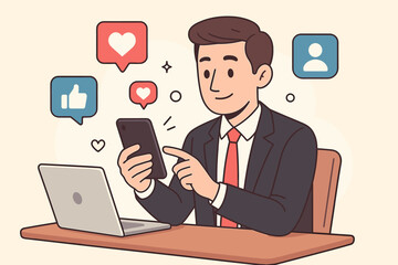 Businessman at office desk using smartphone for social media. Professional worker networking online, checking likes and hearts on mobile app. Digital marketing communication concept vector.