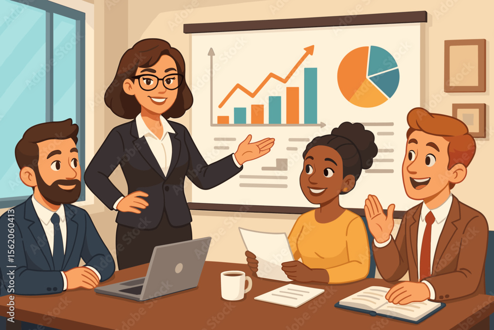 Poster businesswoman leading a presentation in a meeting. diverse team of colleagues in boardroom discussin