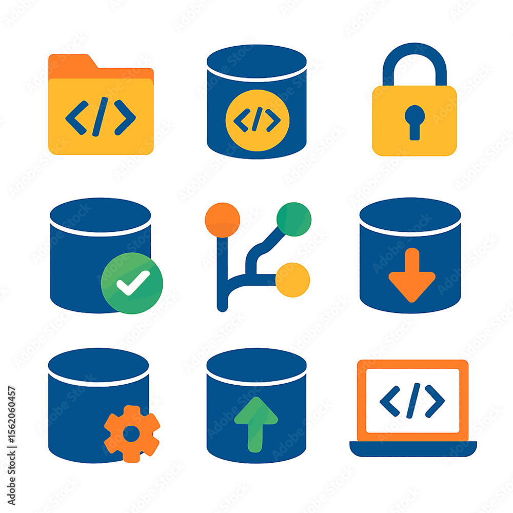 Poster colorful vector icons representing software development, data storage, and security elements