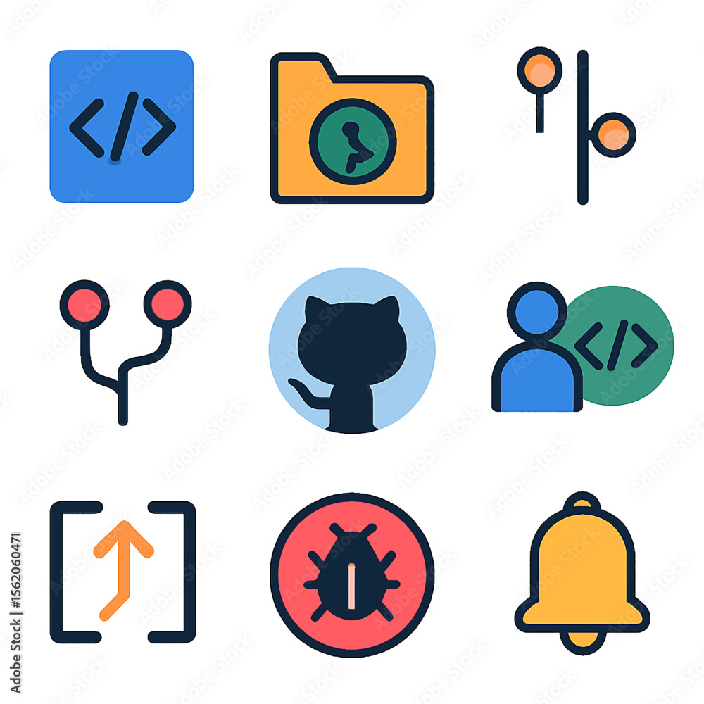 Poster colorful vector icons representing software development, coding, and project management