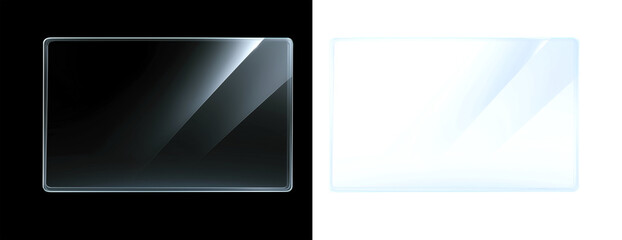 Glass plate on transparent background. Realistic screen glass, window mockup, clear glass showcase, glossy plastic glare frame, acrylic with glares and light, clear rectangular plate, Plexiglas, 3d