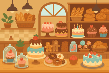Cozy bakery shop interior with a variety of sweets. Cartoon pastry display counter with colorful cakes, cupcakes, donuts, bread, and cookies. Confectionery store background.
