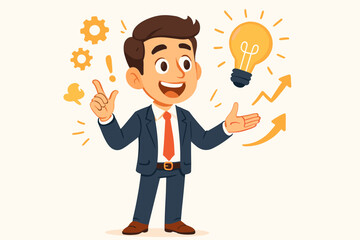 Businessman character with a creative idea. Entrepreneur presenting an innovative solution. Cartoon illustration with lightbulb, gears, and growth arrows for success and strategy.