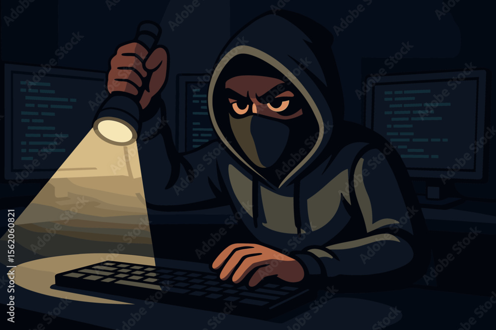 Poster hacker in hoodie and mask sits in dark room with computer screens. cybercrime concept illustration. 