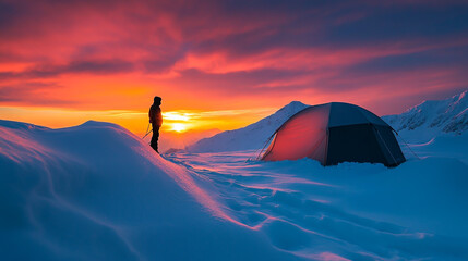 Solitary Figure Reflects on a Breathtaking Vibrant Sunset from a Cozy Snowy Mountain Tent, Surrounded by Majestic Winter Scenery.