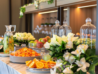 
Elegant hotel buffet station with glass juice dispensers, sliced fruit, small bunches of white flowers, marble top
