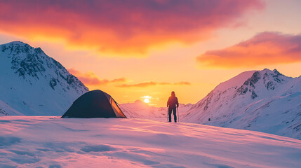 Solitary Figure Reflects on a Breathtaking Vibrant Sunset from a Cozy Snowy Mountain Tent, Surrounded by Majestic Winter Scenery.