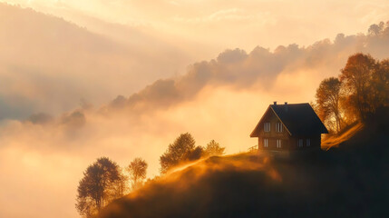 Solitary House on a Hilltop Overlooking Misty Mountains at Sunrise, Soft Light and Serene Atmosphere.