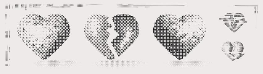 Abstract hearts with 2000 aesthetics and dadaism in raster style. 3d sweet set in style y2k brutalism pixel 