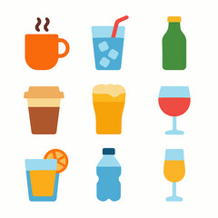 Colorful vector illustration showcases a variety of popular beverages in simple style