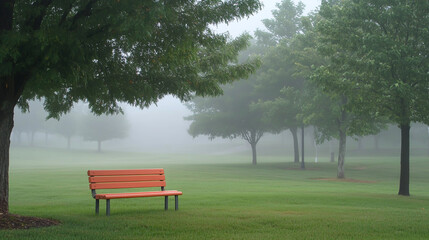 Solitary Orange Bench in a Misty, Fog-Covered Park with Trees and Soft Light.