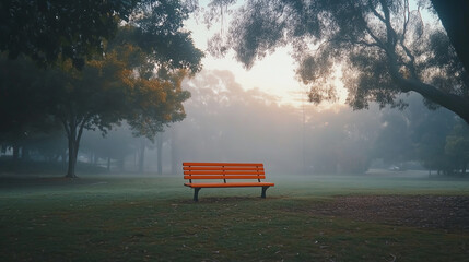 Solitary Orange Bench in a Misty, Fog-Covered Park with Trees and Soft Light.