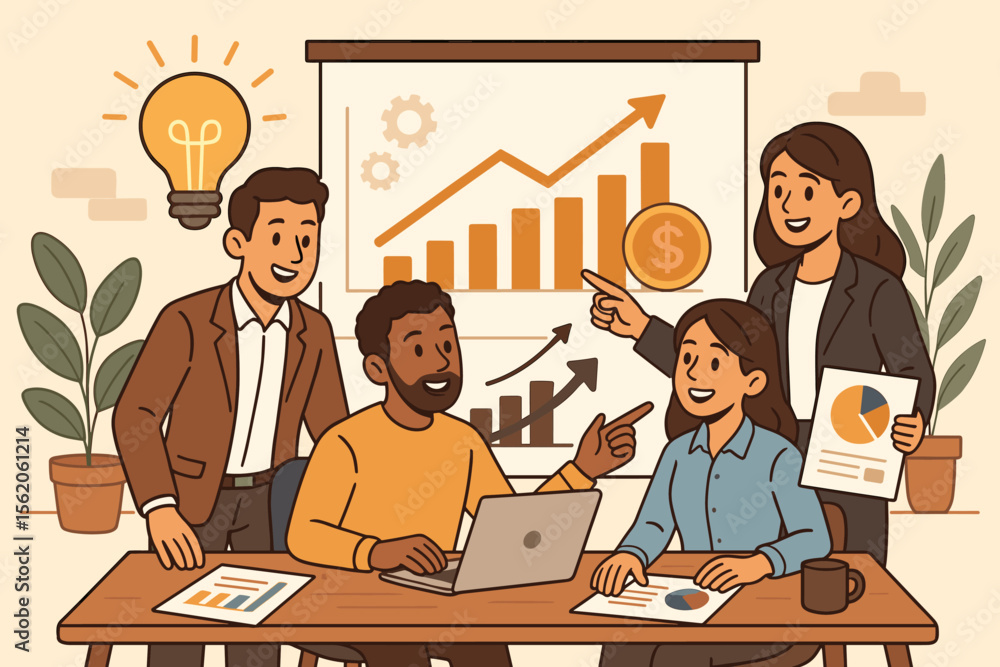 Poster diverse business team brainstorming ideas for company growth and strategy. office workers in a meeti