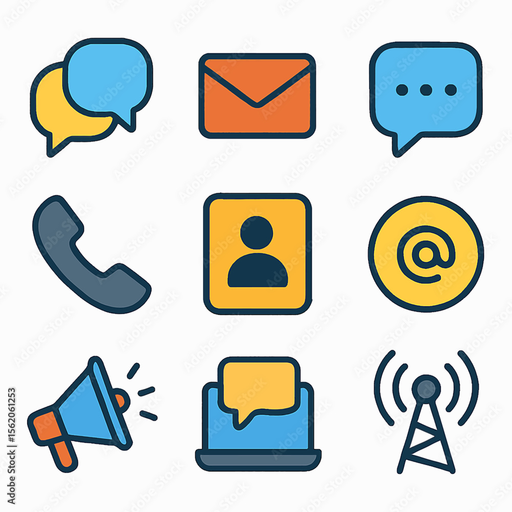 Poster communication icons set depicting diverse interaction methods in modern style