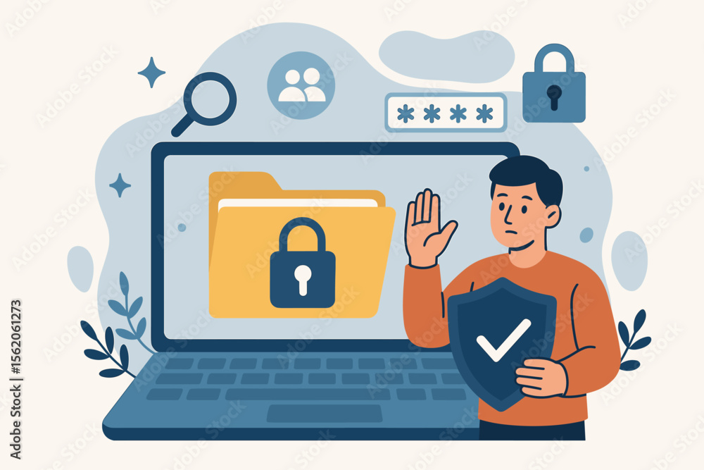 Poster cybersecurity and data protection concept. man with shield protecting personal information on a lapt