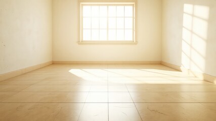 Fototapeta premium Sunlit Empty Interior Space with Tile Flooring, Neutral Walls and a Window Casting Light and Shadows
