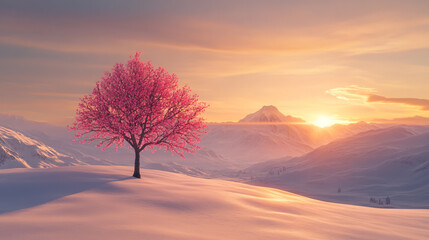 Solitary Pink Tree on a Snow-Covered Plain with Majestic Mountain Backdrop at Golden Sunset.