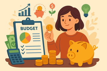 Woman planning personal finances, managing budget for savings and investment. Cartoon vector concept of economic stability, money growth, accounting with piggy bank and calculator.