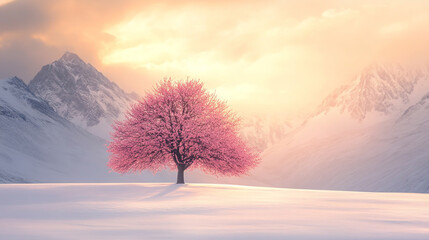 Solitary Pink Tree on a Snow-Covered Plain with Majestic Mountain Backdrop at Golden Sunset.