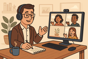 Manager leading an online team meeting via video conference. Remote work concept with people collaborating from home office. Business communication and project discussion. Vector illustration.