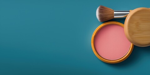 Blush compact with brush displaying gentle coral tone against a soft background creating a beautiful depth of field for cosmetic appeal