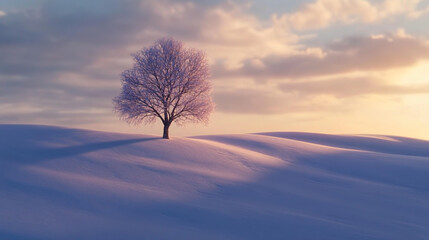 Solitary Tree on a Snow-Covered Plain at Sunset, Bathed in Soft Evening Light and Long Shadows.