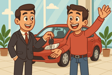 Salesman handing car keys to happy customer in showroom. New car owner concept. Man buying automobile at dealership. Successful purchase transaction. Vector cartoon illustration.
