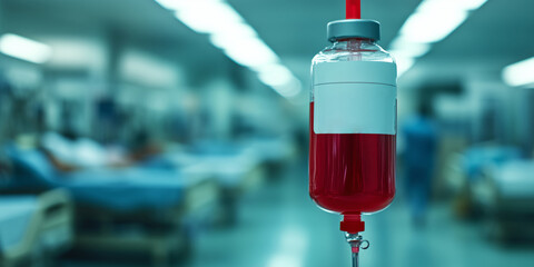 Close up shot of IV bag filled with red liquid, symbolizing medical treatment hospital setting. background shows blurred hospital beds