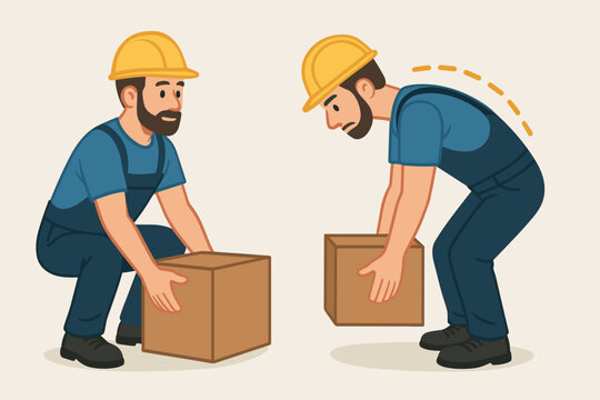 Correct and incorrect posture for lifting a heavy box. Proper and improper manual handling technique. Workplace safety and ergonomics infographic to prevent back pain and injury risk.