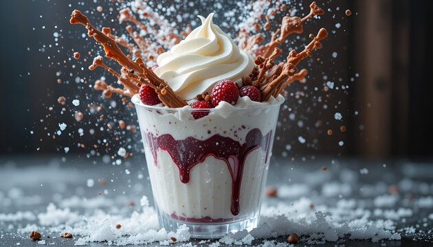 Delight in a tempting sundae with creamy swirl, ripe raspberries, crunchy sticks and a dusting of snowy sugar particles.