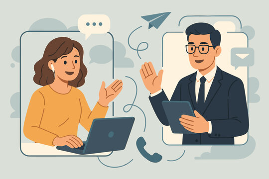 Remote collaboration and virtual meeting concept. Business man and woman on a video conference call. Online communication and teamwork from home using digital technology. Vector illustration.